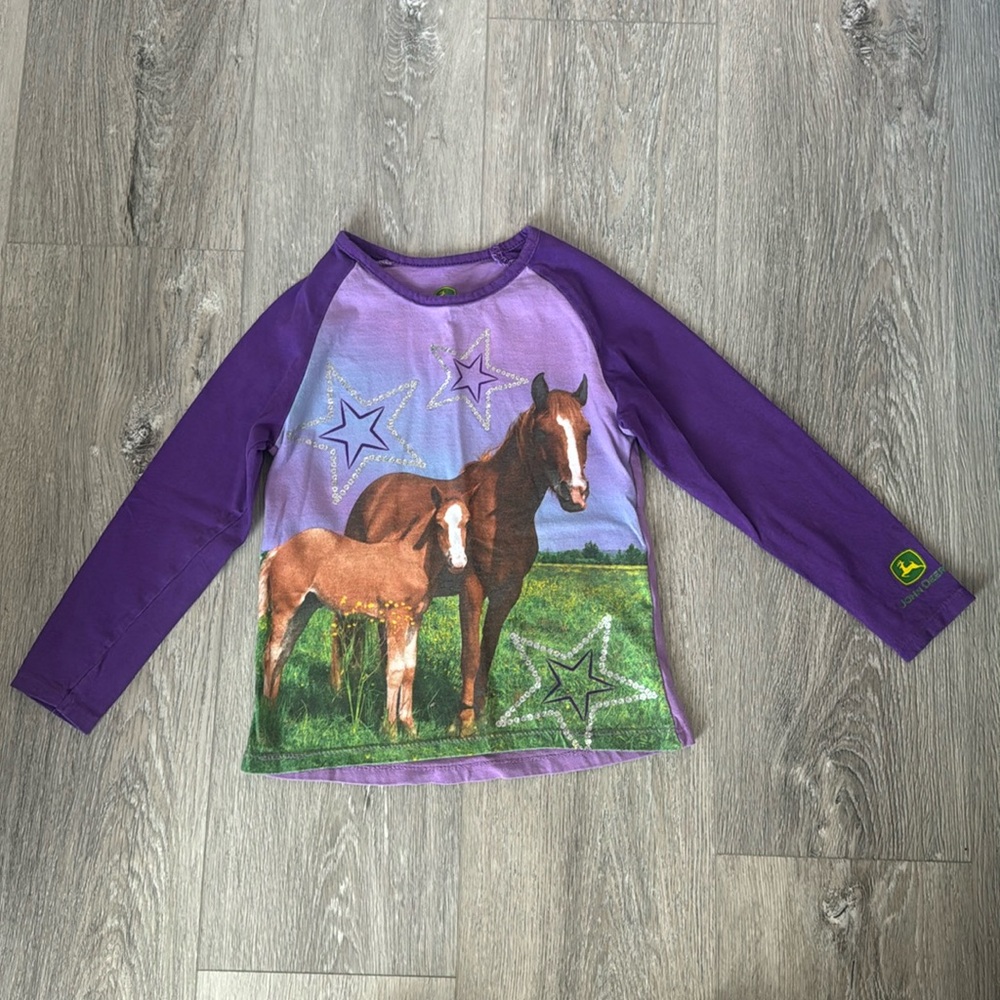 John Deere Girls Purple Raglan Horse Picture w/Sparkle Stars Long Sleeve Size 4